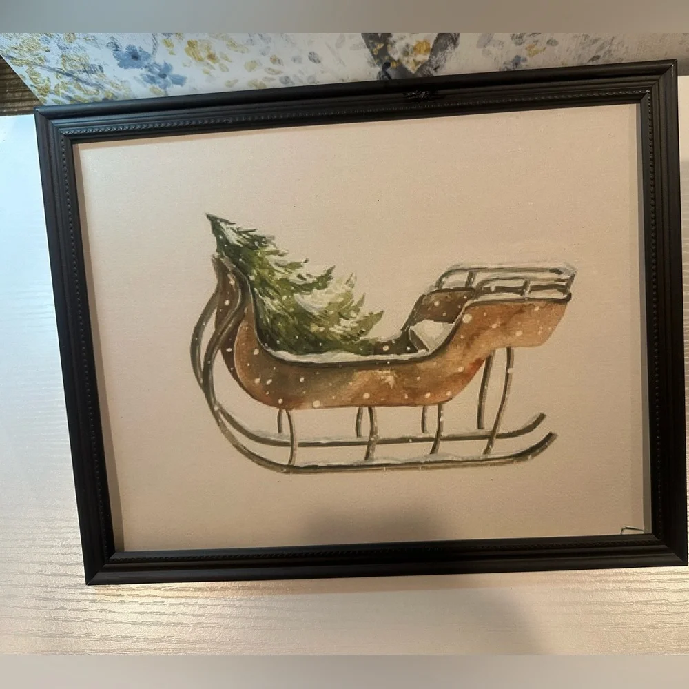 Watercolor Sleigh with Christmas Tree Framed 8x10” Christmas Print, Gallery Wall